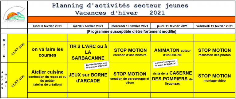 Planning accueil jeunes du 6 au 19 février 2021