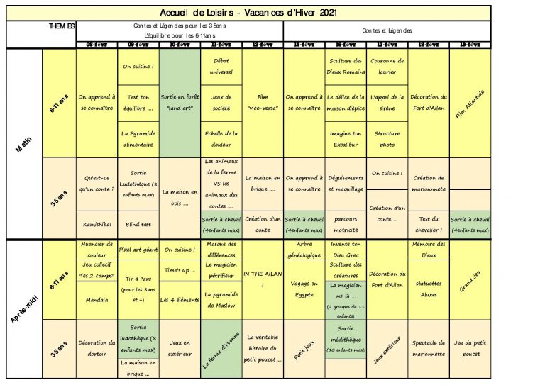 Planning accueil de loisirs du 6 au 19 février 2021
