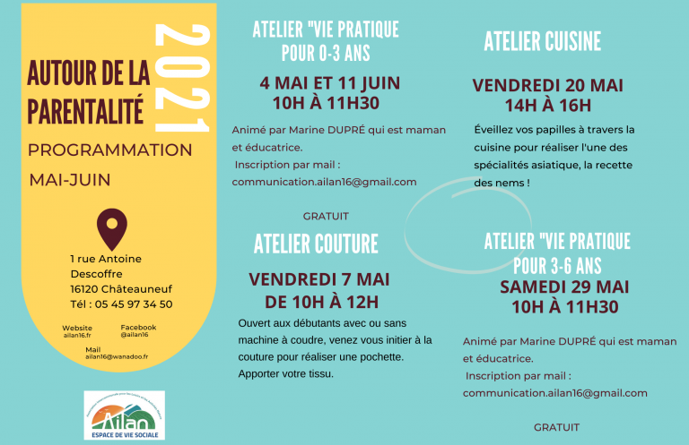 Voici  le nouveau programme de mai-juin autour de la parentalité
