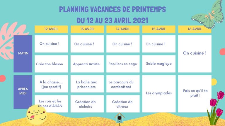 Planning de l&rsquo;accueil de loisirs pour les vacances de printemps