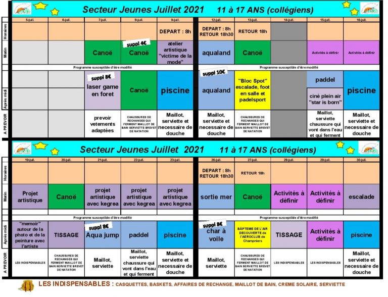 Planning accueil jeunes de l&rsquo;AILAN pour cet été