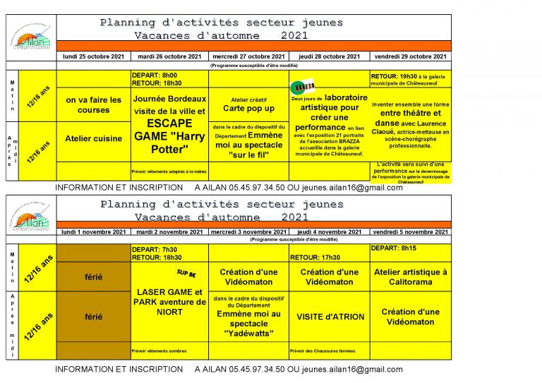 Planning de l&rsquo;accueil pendant les vacances d&rsquo;automne